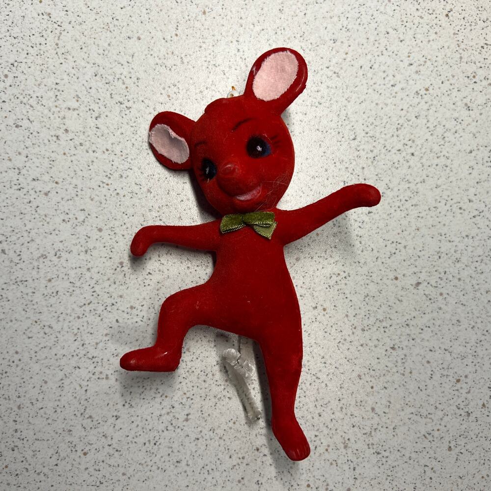 Vintage MCM Japan 7" Red Flocked Dancing Mouse Christmas Ornament Decor